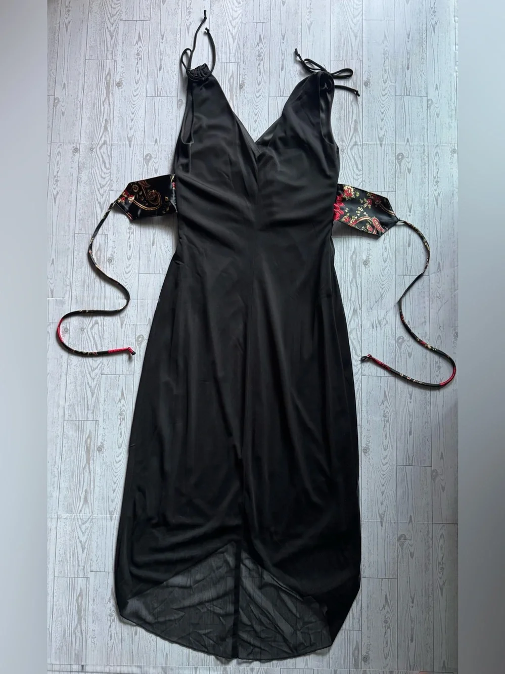 Black High-Low Dress w/ Floral & Black Sash, Conched Shoulder Ties - Size Medium - Picture 4 of 11